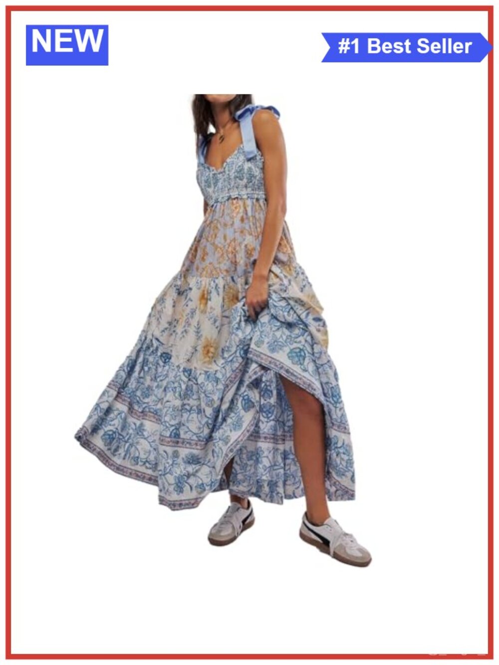 Women Floral Maxi Dress Tie Shoulder Patchwork Smocked Flow Boho Summer Sundress
